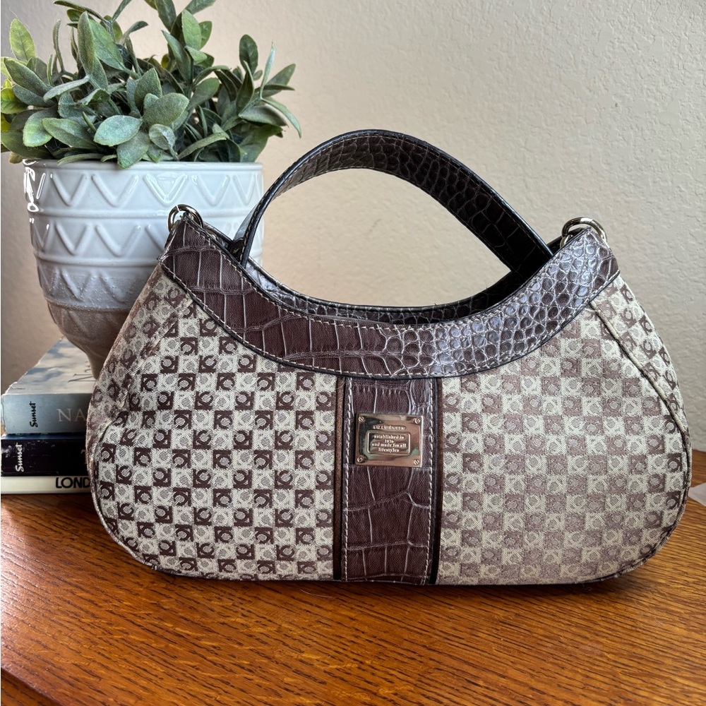 Liz  Claiborne Crescent Brown and Cream Shoulder Bag with Check Pattern